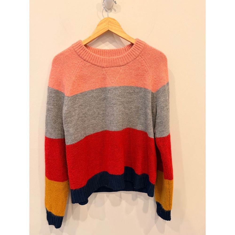 J. Crew Color Block Striped Crewneck Sweater Coral Gray Red Yellow Navy Size‎ L